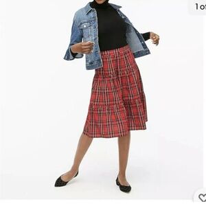 J. Crew Red Plaid Midi Tiered Skirt Preppy Holiday Festive Size XXS Fits 0-6